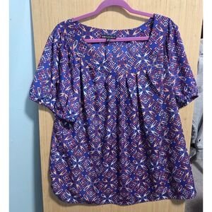 Sara Michelle Size 2X Blue Geometric Medallion Pleated Scoop Neck Blouse Plus